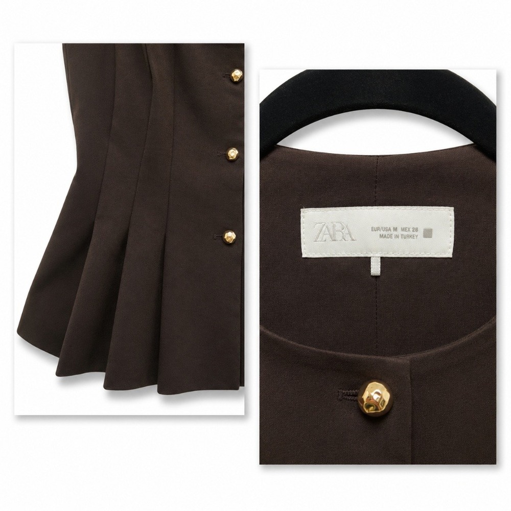 Zara Brown Sleeveless Peplum Top Gold Buttons Pleated Blouse Womens Medium - Picture 3 of 3